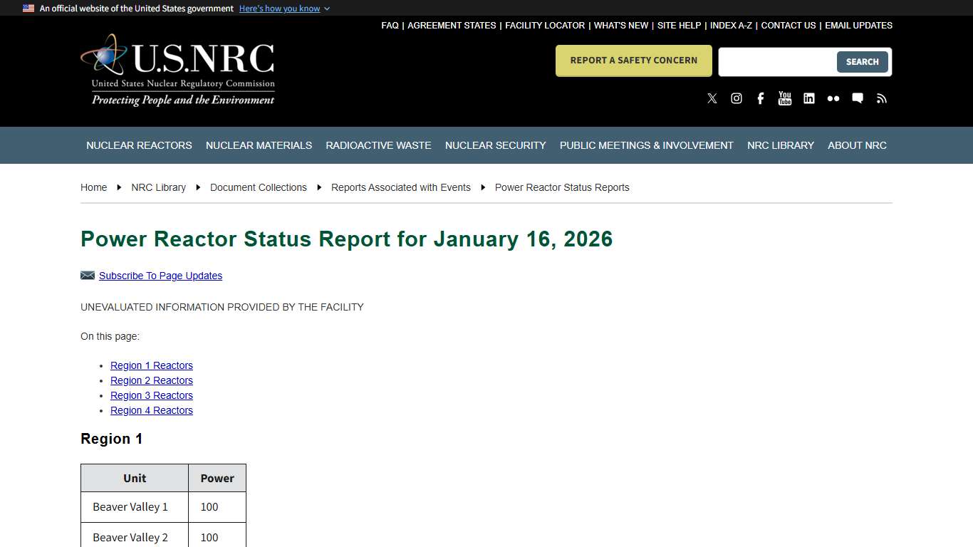 Power Reactor Status Report for January 16, 2026 | Nuclear Regulatory Commission